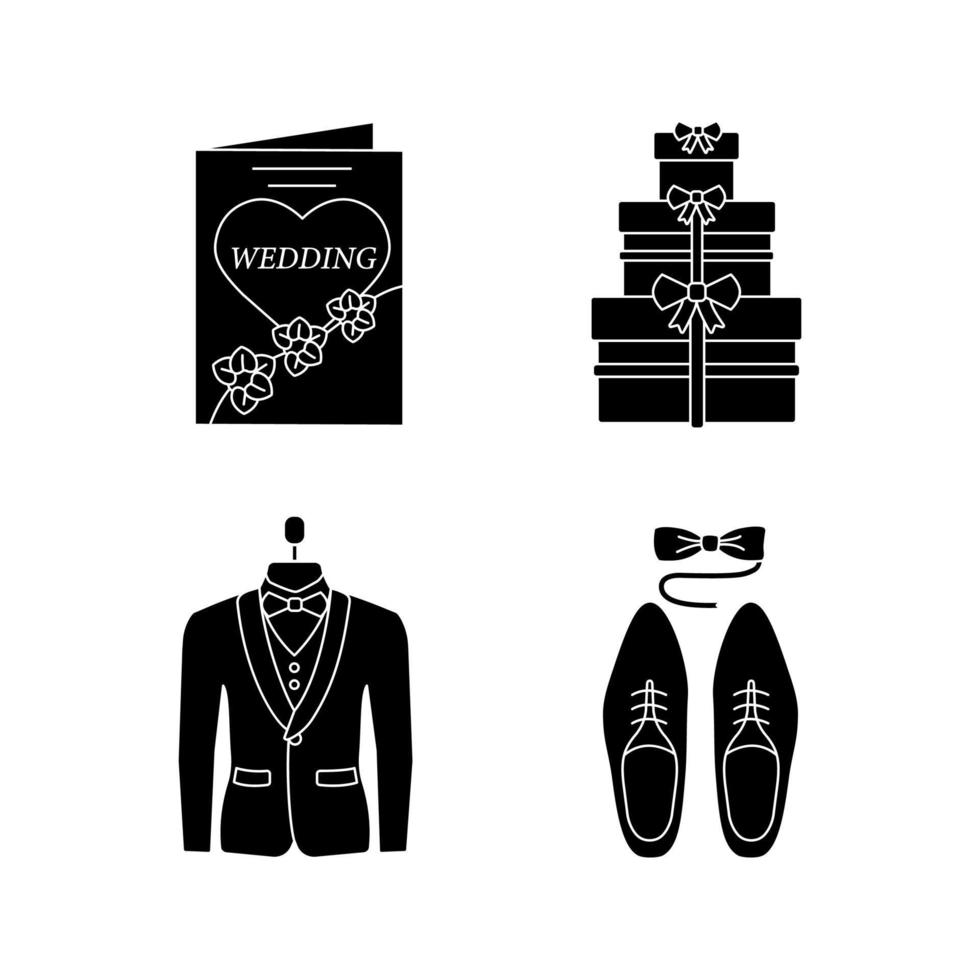 Wedding planning glyph icons set. Gifts, men's accessories, wedding invitation, tuxedo. Silhouette symbols. Vector isolated illustration