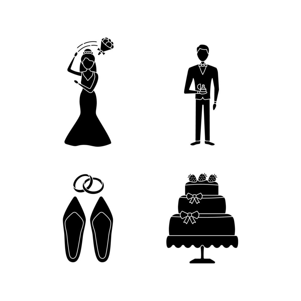 Conjunto de iconos de glifo de planificación de bodas. novio lanzando ramo, novio, accesorios de boda, pastel de compromiso. símbolos de silueta. vector ilustración aislada