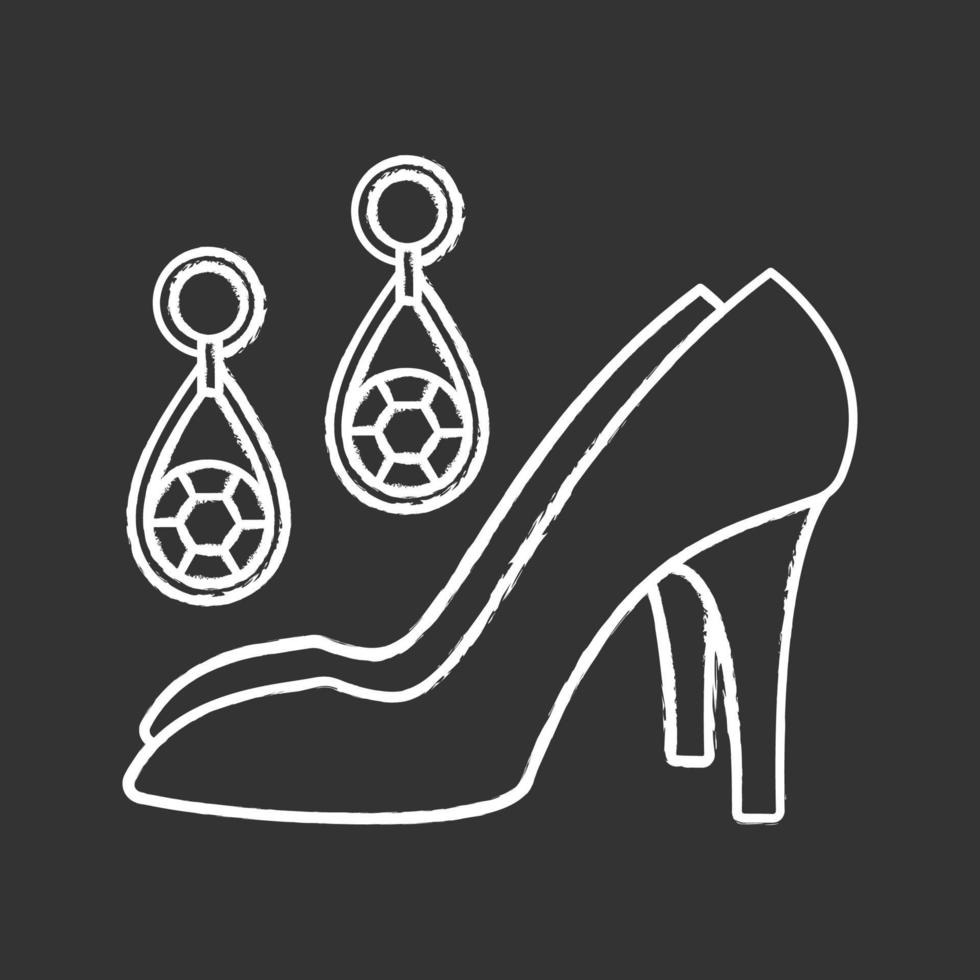 icono de tiza de accesorios de boda. código de vestimenta de las mujeres. aretes y zapatos de tacon alto. agencia de bodas. ilustración de pizarra de vector aislado