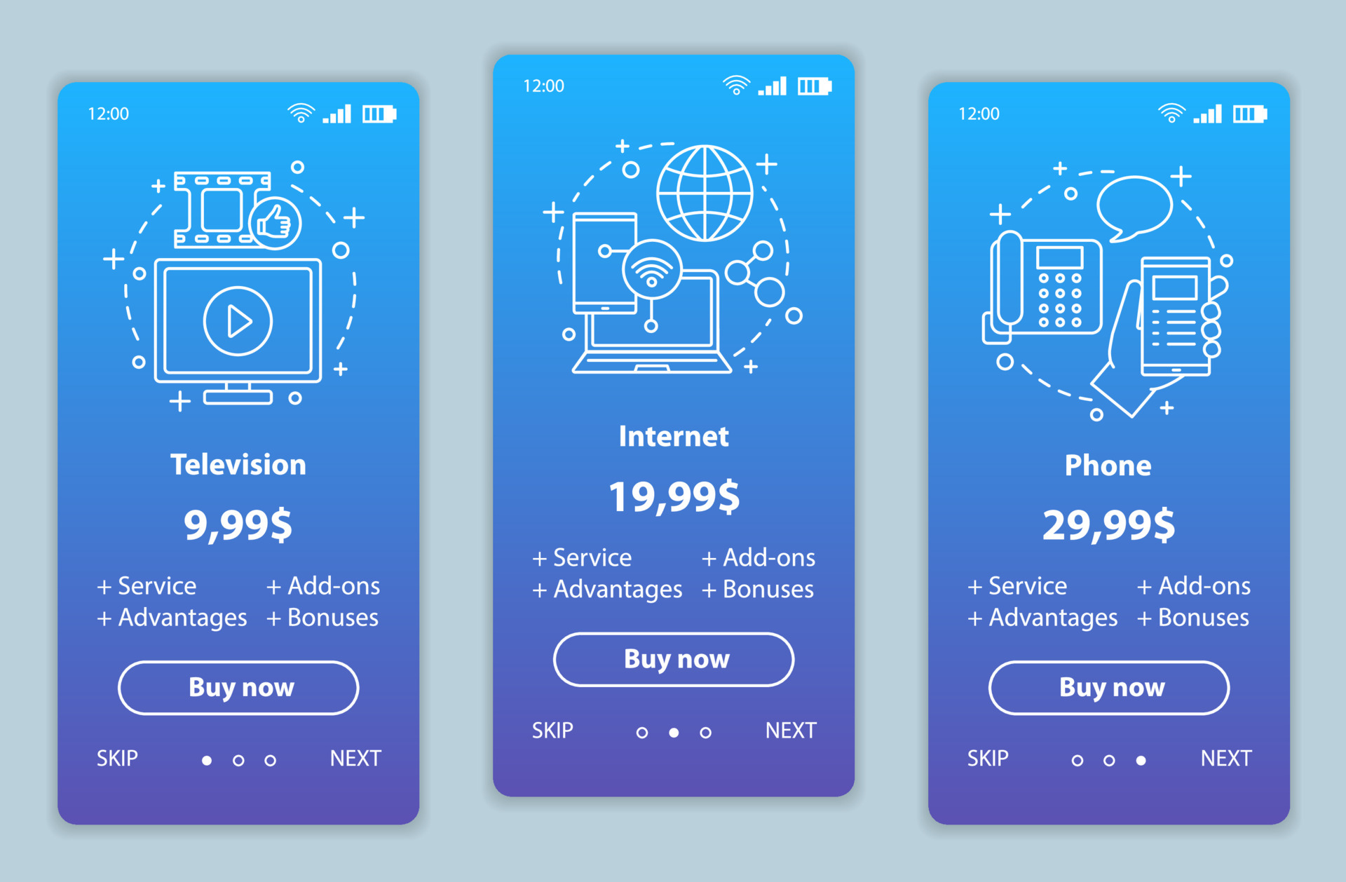 TV, phone, bundle onboarding mobile app screens with service