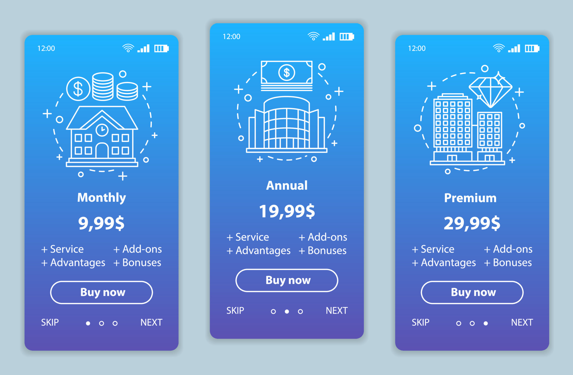 Tariff plans onboarding mobile app screens vector templates ...