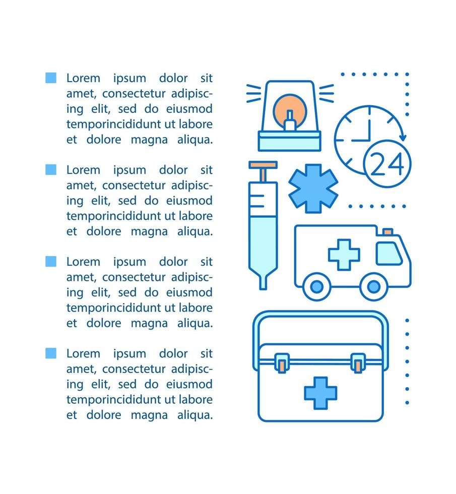 Ambulance article page vector template. Medicine and healthcare. Medical service. Hospital. Brochure, magazine, booklet design with linear icons and text boxes. Concept illustrations with text space