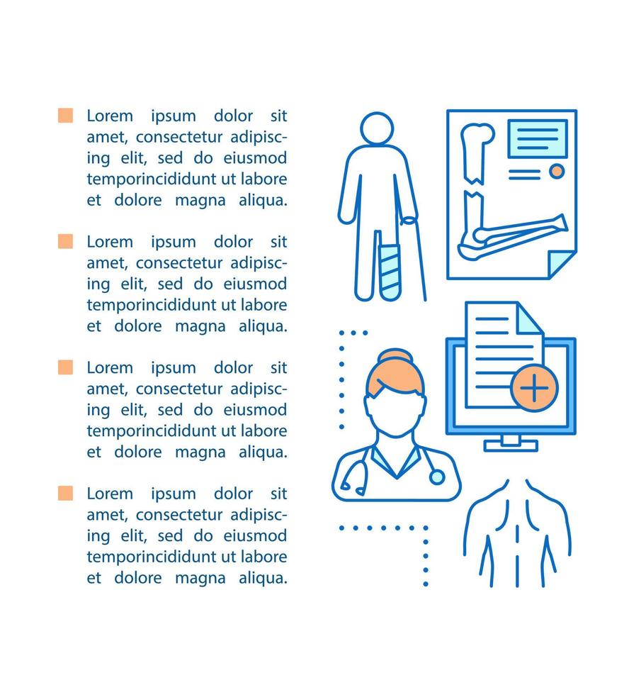 Orthopedics article page vector template. Medicine and healthcare. Trauma, injury. Brochure, magazine, booklet design element with linear icons and text boxes. Concept illustrations with text space