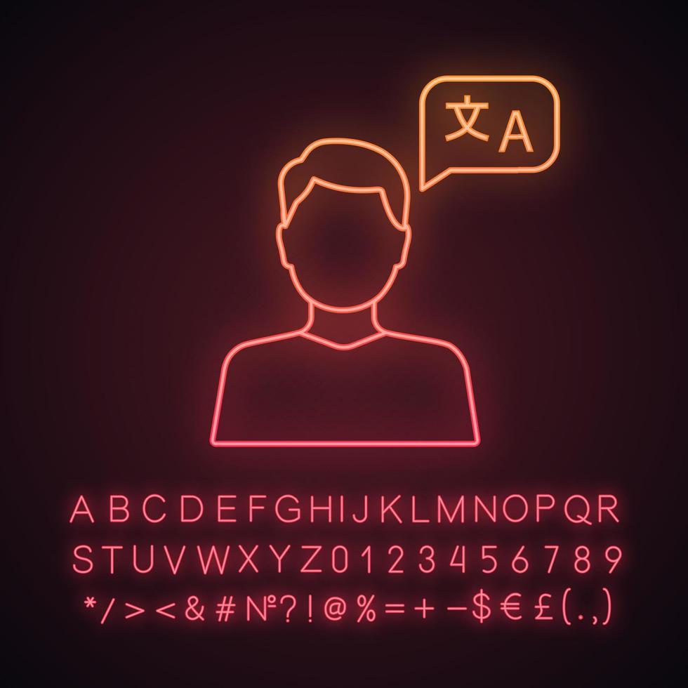 Foreign language skills neon light icon. Language proficiency level. Communication skills. Linguistic proficiency. Native speaker. Glowing sign with alphabet, numbers. Vector isolated illustration