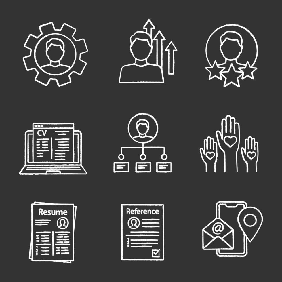 Resume chalk icons set. Skills, achievements, experience, online cv, ability, volunteering, reference, contact. Isolated vector chalkboard illustrations