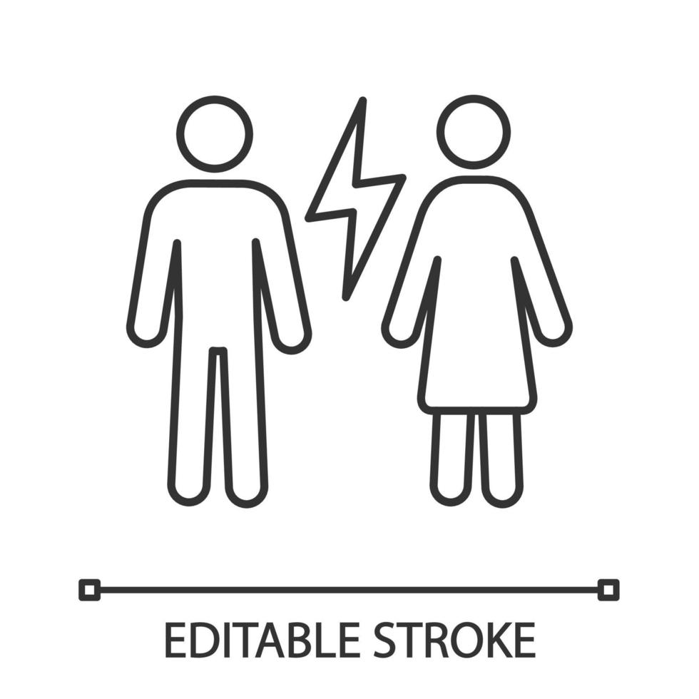 Couple quarrel linear icon. Thin line illustration. Husband and wife arguing. Parental conflict. Divorce. Misunderstanding. Contour symbol. Vector isolated outline drawing. Editable stroke