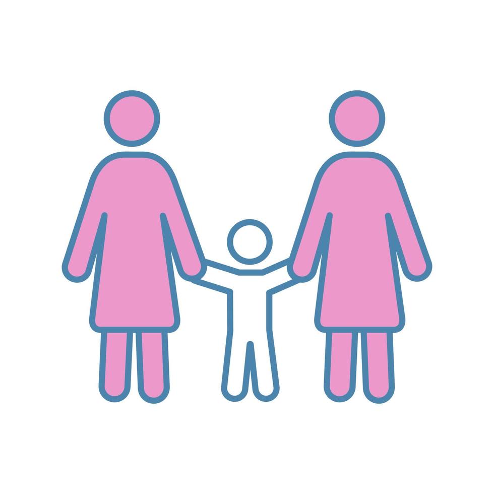 Lesbian family color icon. Same sex parenting. Two moms with child. Lesbian adoption. LGBT parents. Two women with kid. Isolated vector illustration