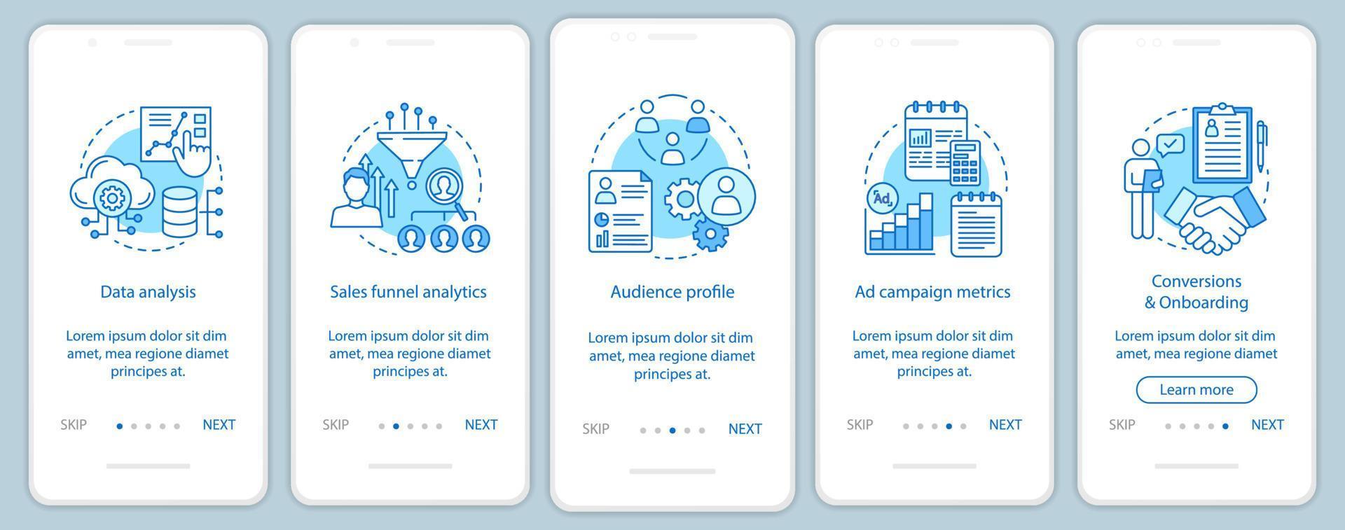 SMM courses onboarding mobile app page screen vector template. Web analytics. Marketing walkthrough website steps with linear illustrations. Ad targeting options. UX, UI, GUI smartphone interface