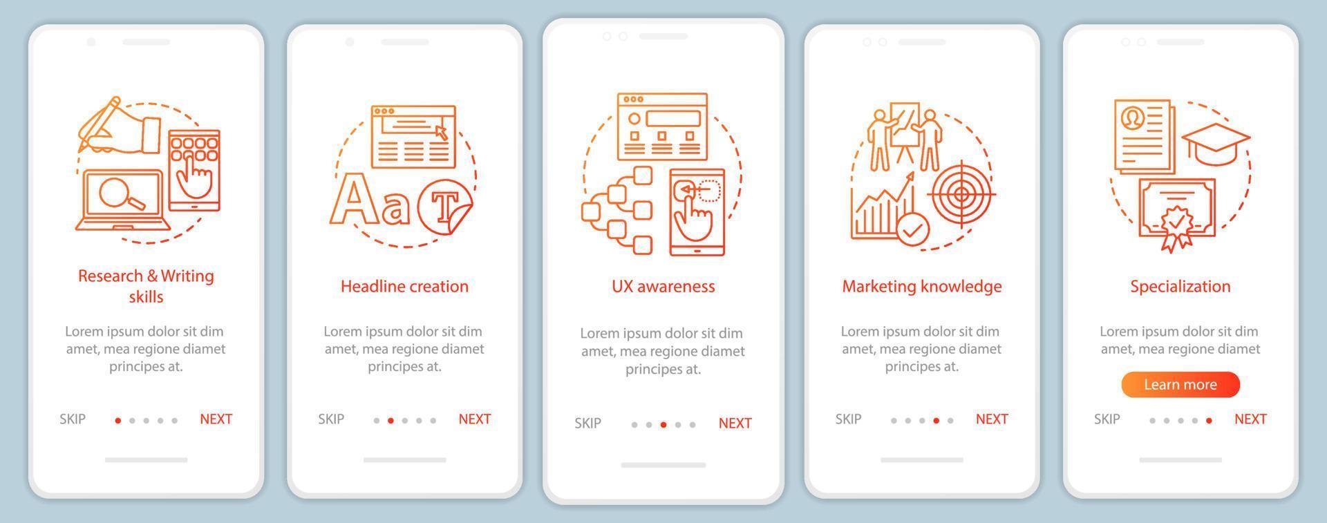 Copywriting courses onboarding mobile app page screen vector template. Digital marketing walkthrough website steps. SMM, SEO. Content creation. Texts writing. UX, UI, GUI smartphone interface concept