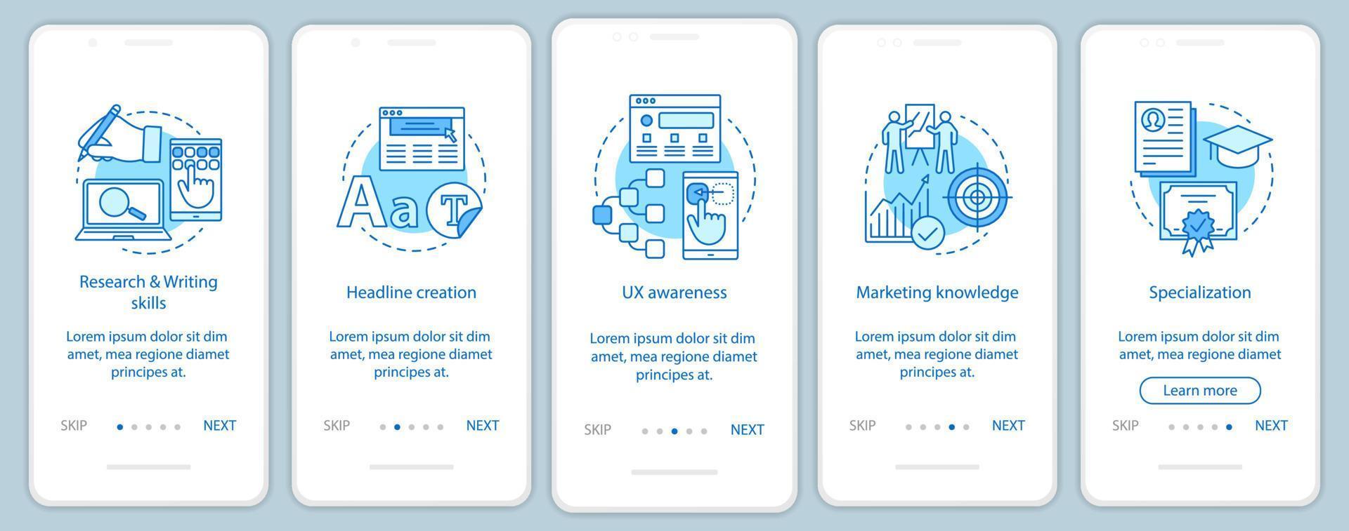 cursos de redacción de textos publicitarios incorporación de plantilla de vector de pantalla de página de aplicación móvil. Pasos del tutorial de marketing digital. smm, seo. creación de contenido. redacción de textos publicitarios. interfaz de teléfono inteligente ux, ui, gui