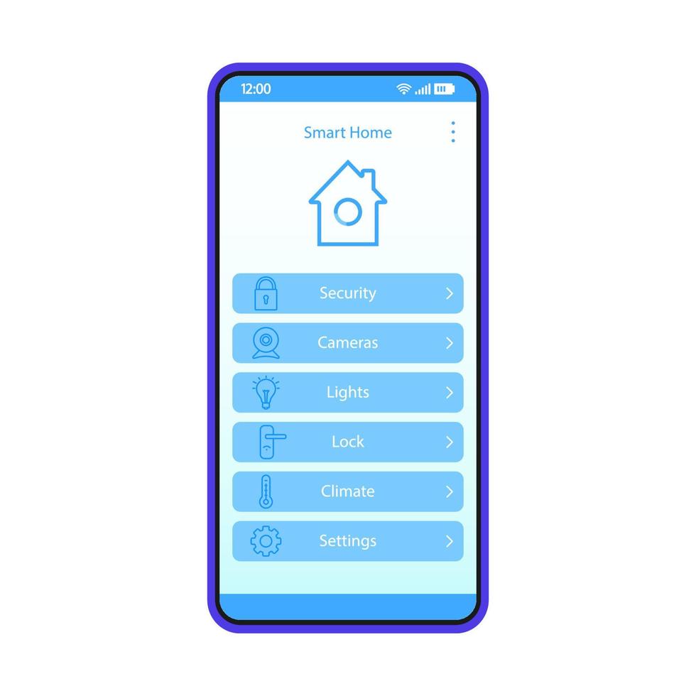 Smart home app interface vector template. Mobile app interface blue design layout. Home automation system. Domotics. Flat UI. Phone display with smart house applications and technologies list