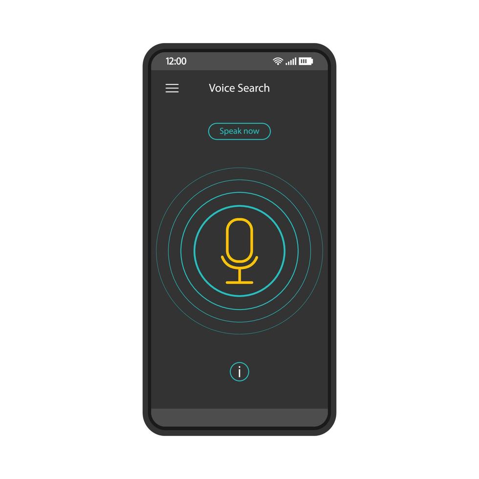Speech recognition smartphone interface vector template. Mobile app interface black design layout. screen. Voice action and control. Flat UI for application. Phone display with microphone
