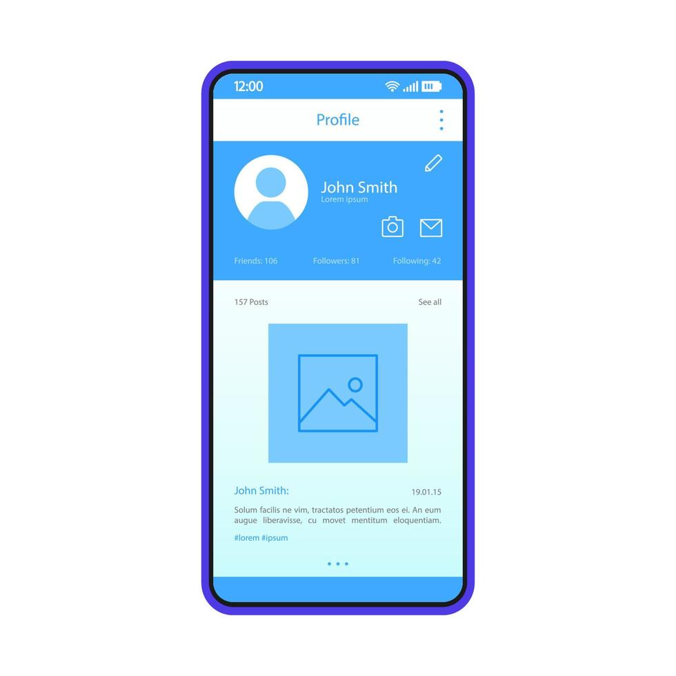 Social media app interface vector template. Mobile app interface blue design layout. Social network post with photo and text. Flat UI. Phone display with user's profile information