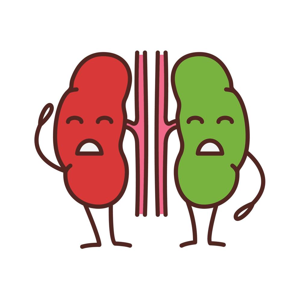 Sad human kidneys character color icon. Unhealthy urinary tract. Urinary system disease. Nephropathy. Isolated vector illustration