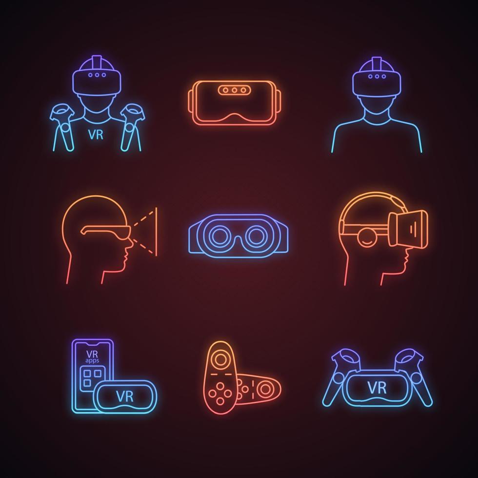 Virtual reality neon light icons set. VR games players, headsets, controllers, smartphone apps. Virtual reality devices. Glowing signs. Vector isolated illustrations