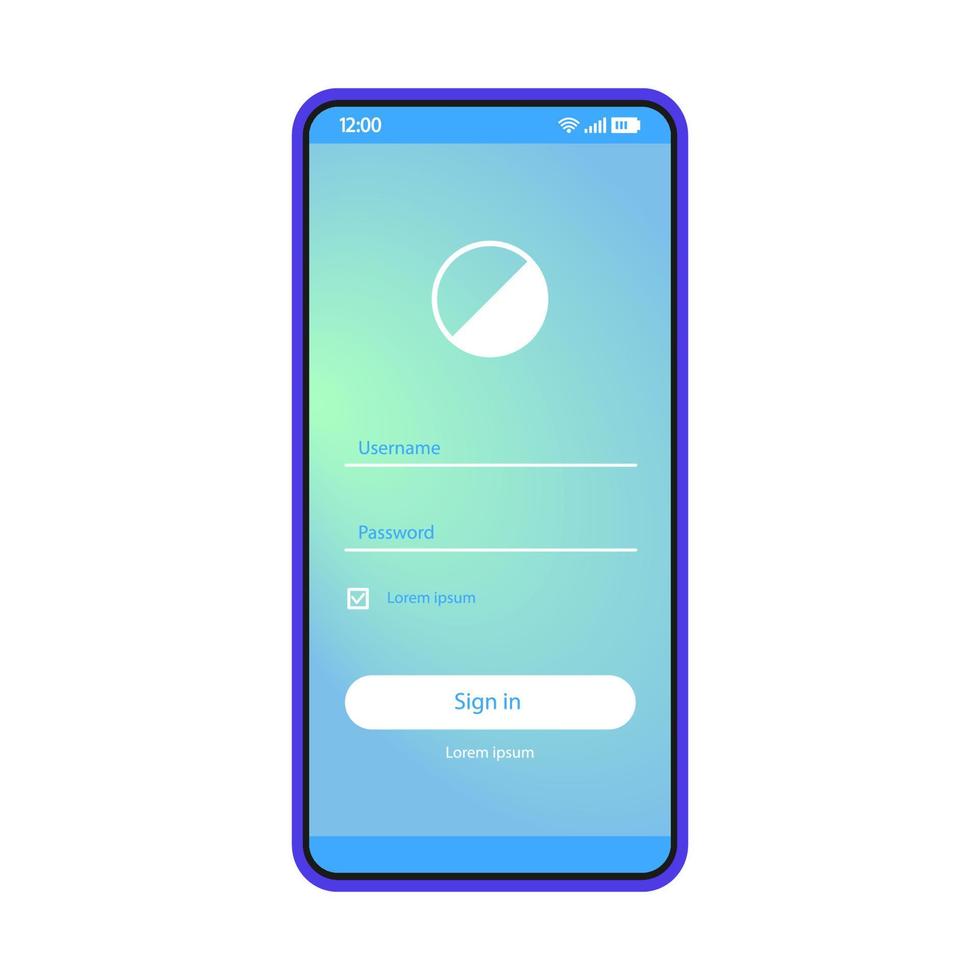 Login screen vector template. Sign in smartphone page. Mobile app interface layout. Login, sign up screen. Flat UI application. User registration, authorization. Phone display with password, username