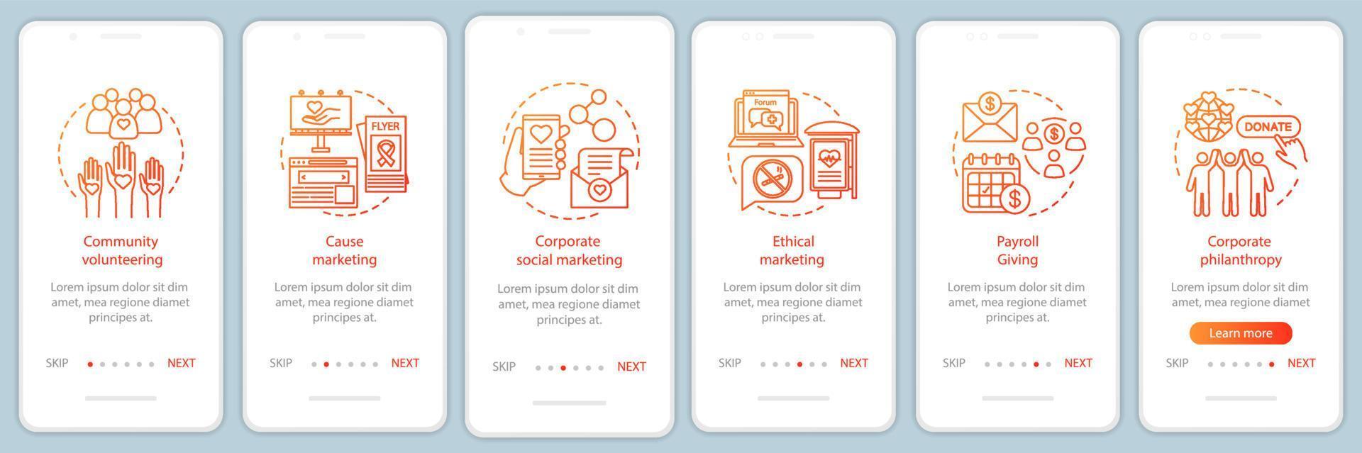 Corporate responsibility policy onboarding mobile app page screen vector template. CSR walkthrough website steps. Cause marketing, payroll, philantropy. UX, UI, GUI smartphone interface concept