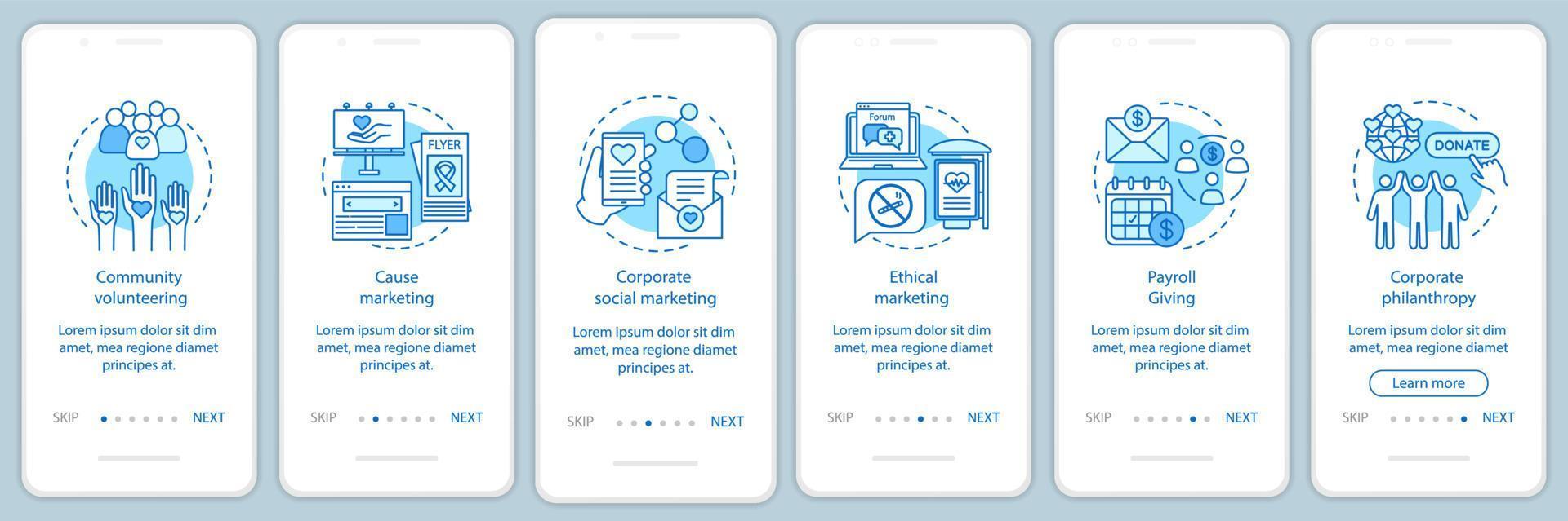 Corporate policy onboarding mobile app page screen vector template. CSR walkthrough website steps with linear illustrations. Corporate welfare and environment. UX, UI, GUI smartphone interface concept