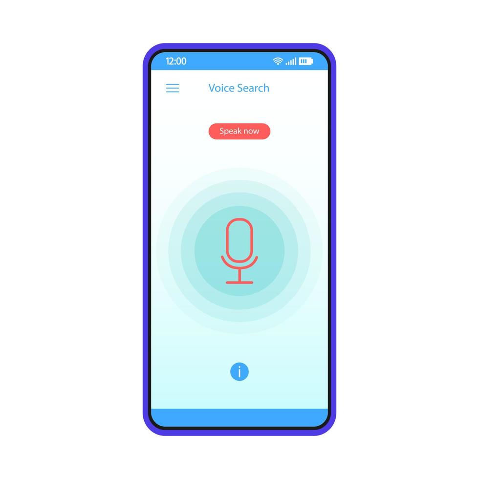 Voice search smartphone interface vector template. Speech recognition. Mobile app interface blue design layout. screen. Voice action and control. Flat UI for application. Phone display with microphone