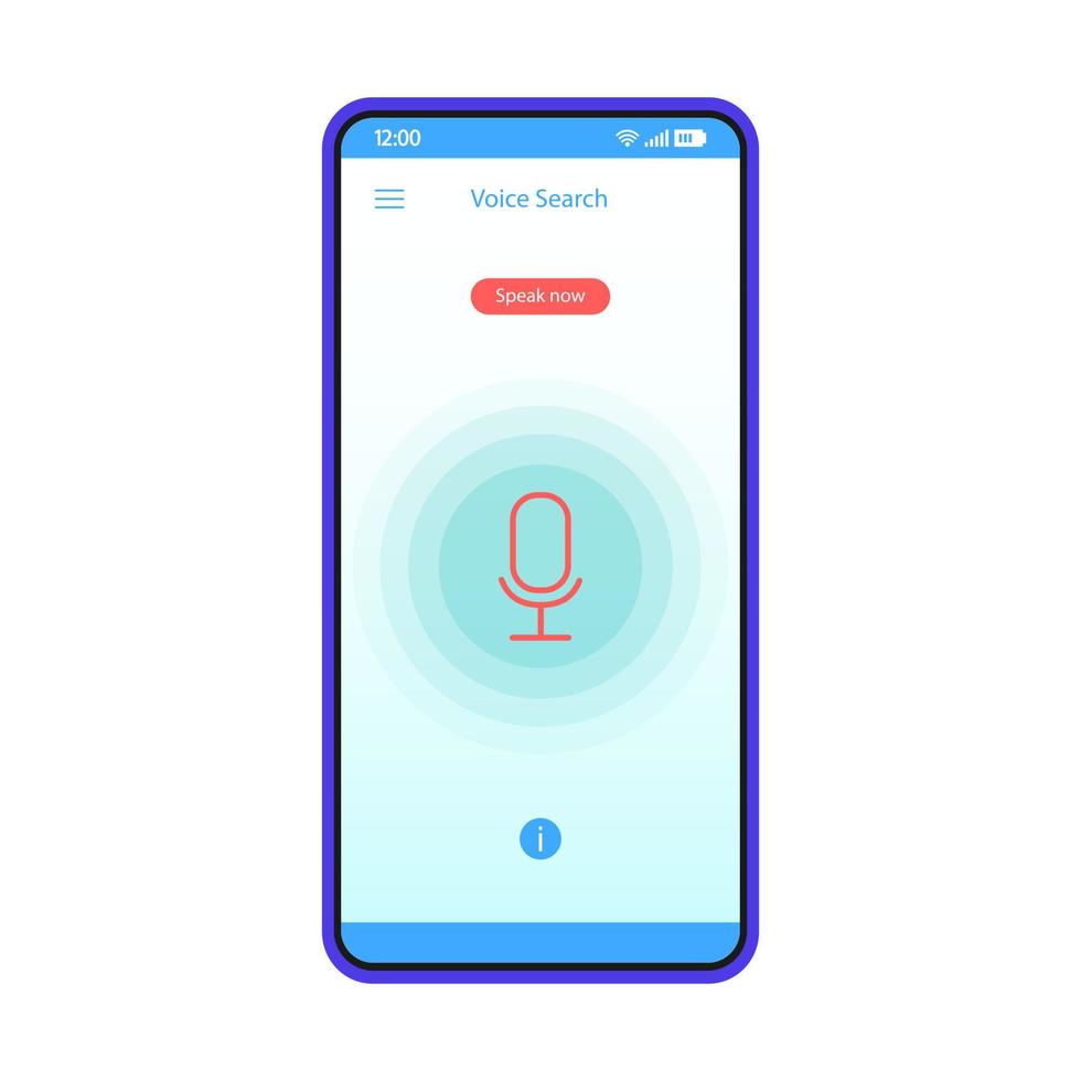 plantilla de vector de interfaz de teléfono inteligente de búsqueda por voz. reconocimiento de voz. interfaz de la aplicación móvil diseño de diseño azul. pantalla. acción y control de voz. interfaz de usuario plana para la aplicación. pantalla del teléfono con micrófono