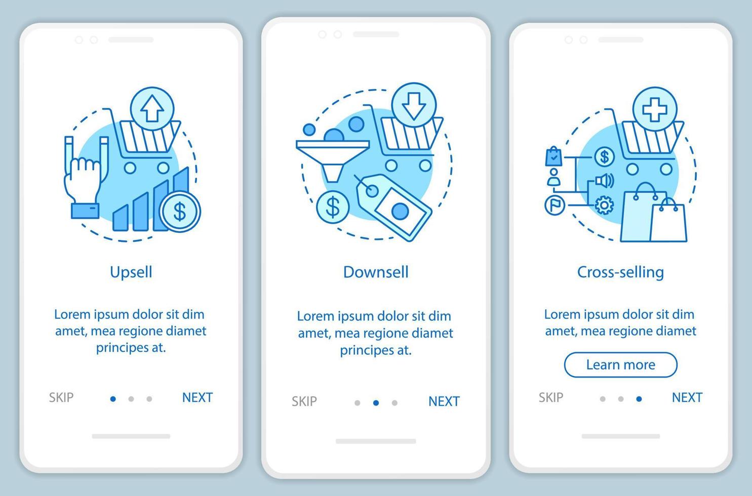 plantilla de vector de pantalla de página de aplicación móvil de incorporación de marketing. venta de productos y bienes. venta al alza, venta a la baja, venta cruzada. técnicas de ventas a través de los pasos del sitio web. interfaz de teléfono inteligente ux, ui, gui