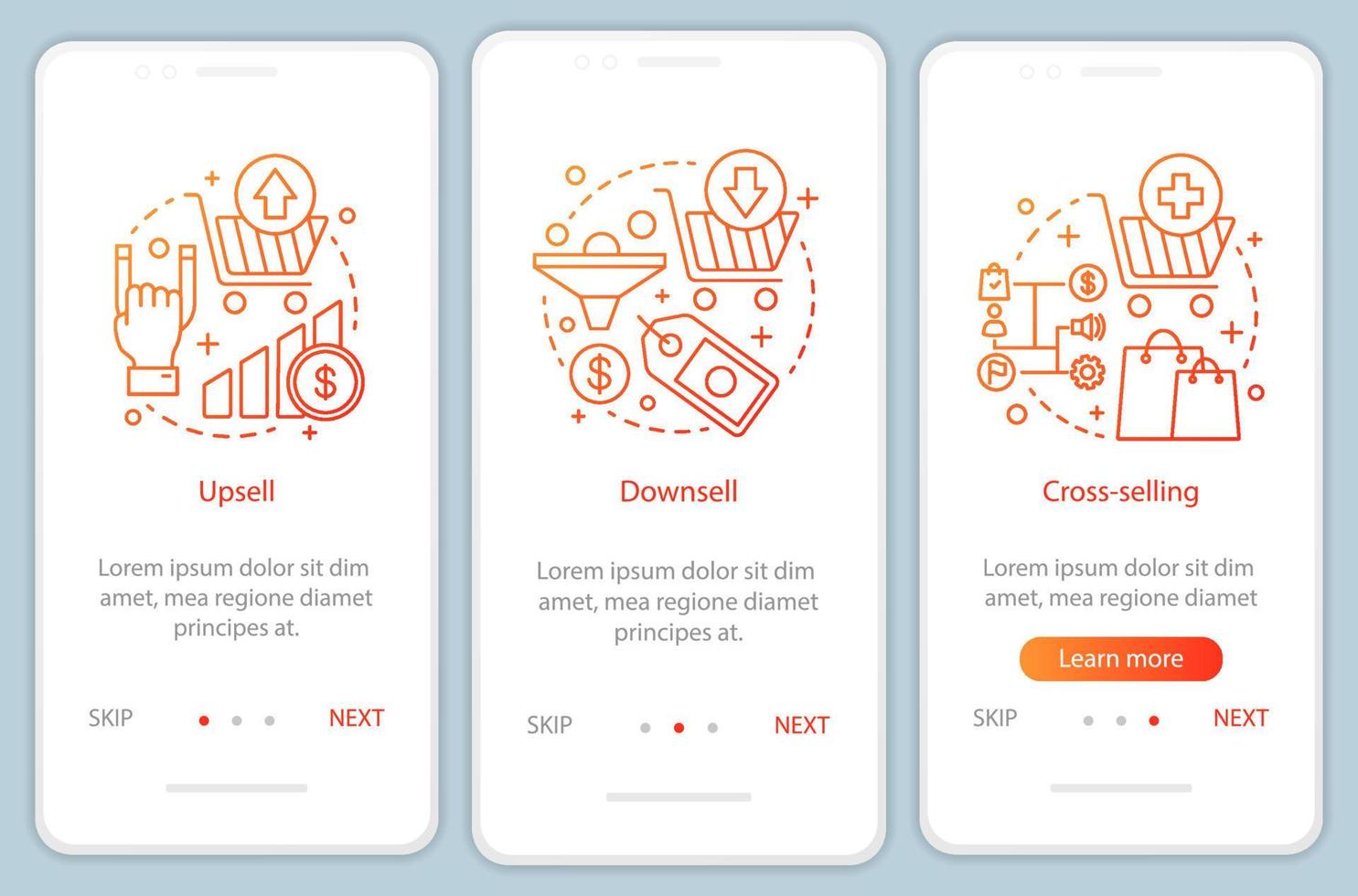 plantilla de vector de pantalla de página de aplicación móvil de incorporación de marketing. venta de productos y bienes. venta al alza, venta a la baja, venta cruzada. técnicas de ventas a través de los pasos del sitio web. interfaz de teléfono inteligente ux, ui, gui