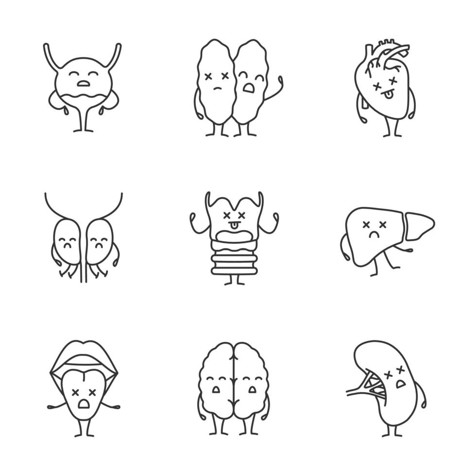 Sad human internal organs characters linear icons set. Thin line contour symbols. Unhealthy urinary, reproductive, digestive, nervous systems. Isolated vector outline illustrations. Editable stroke