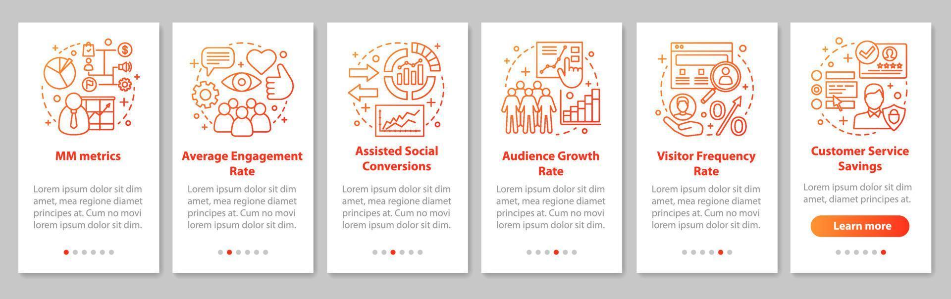 smm métricas incorporando la pantalla de la página de la aplicación móvil con conceptos lineales. tasa de conversión de ventas. instrucciones gráficas de los pasos del recorrido del tráfico del sitio web. ux, ui, plantilla de vector de interfaz gráfica de usuario con ilustraciones