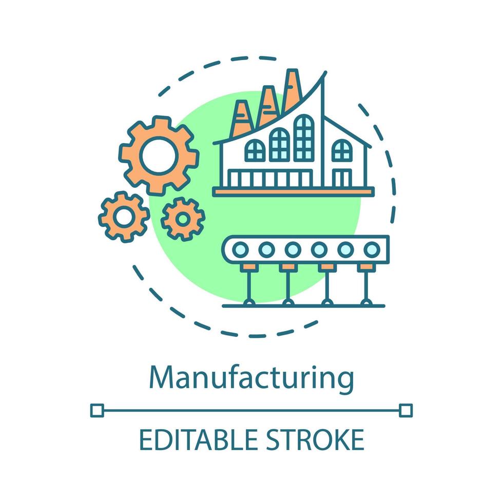 Manufacturing concept icon. Production idea thin line illustration. Plant, factory. Industrial sector. Vector isolated outline drawing. Editable stroke