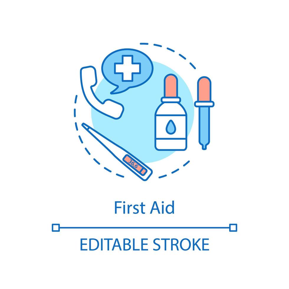 icono de concepto de botiquín de primeros auxilios. suministros médicos, productos de salud, idea de cuidado infantil ilustración de línea fina. tratamiento de síntomas de resfriado y gripe. termómetro, gotas. dibujo de contorno aislado vectorial. trazo editable vector