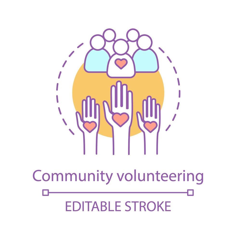 Welfare volunteering concept icon. Charitable corporate foundation. Social responsibility. Thin line illustration. Non profit organization. Community service. Vector outline drawing. Editable stroke