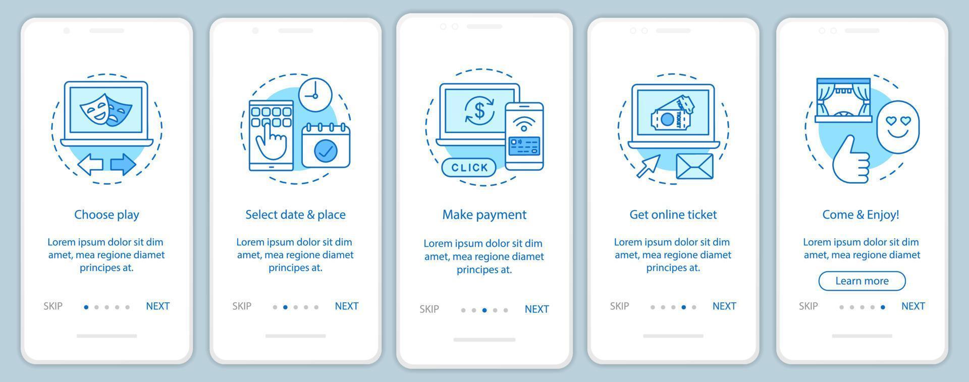 Theatre onboarding plantilla de vector de pantalla de página de aplicación móvil. jugar al pago de entradas en línea. evento de espectáculo. paso a paso del sitio web con ilustraciones lineales. concepto de interfaz de teléfono inteligente ux, ui, gui