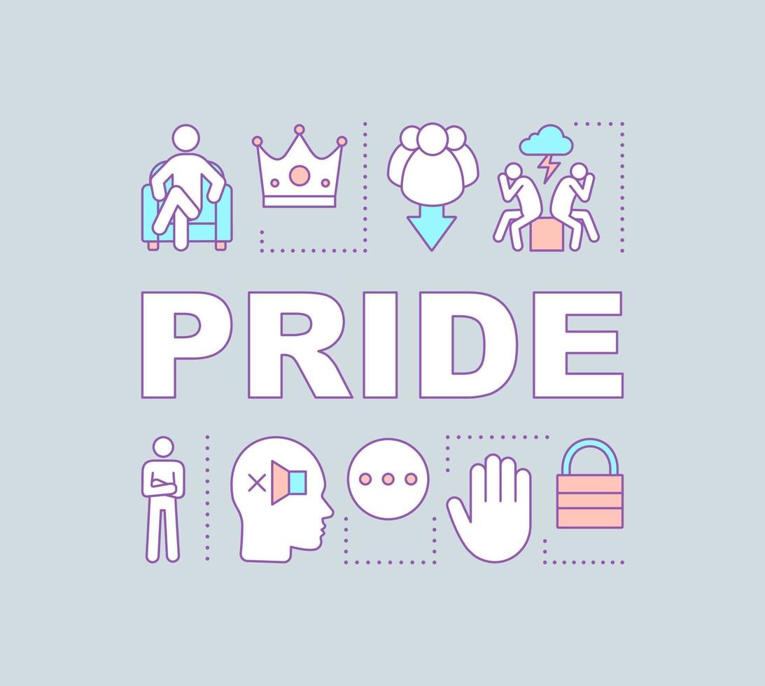 Pride word concepts banner. Selfish, self-confident person. Boasting. Humiliation of other. Presentation, website. Isolated lettering typography idea, linear icons. Vector outline illustration