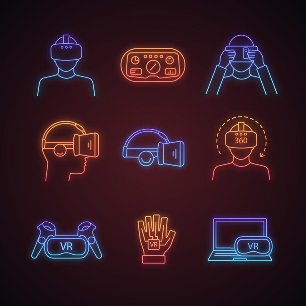 Virtual reality neon light icons set. VR games players, headsets, controllers, HUD, glove, computer, video. Virtual reality devices. Glowing signs. Vector isolated illustrations