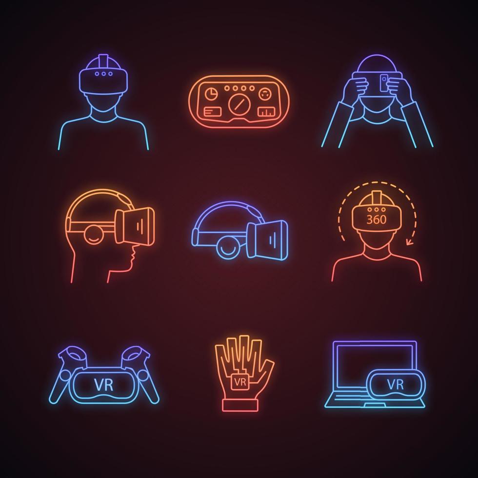 conjunto de iconos de luz de neón de realidad virtual. reproductores de juegos vr, auriculares, controladores, hud, guante, computadora, video. dispositivos de realidad virtual. signos brillantes. ilustraciones vectoriales aisladas vector