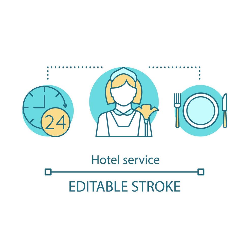 Hotel service concept icon. Round-the-clock in room dining, cleaning. Room amenities idea thin line illustration. Vector isolated outline drawing. Editable stroke