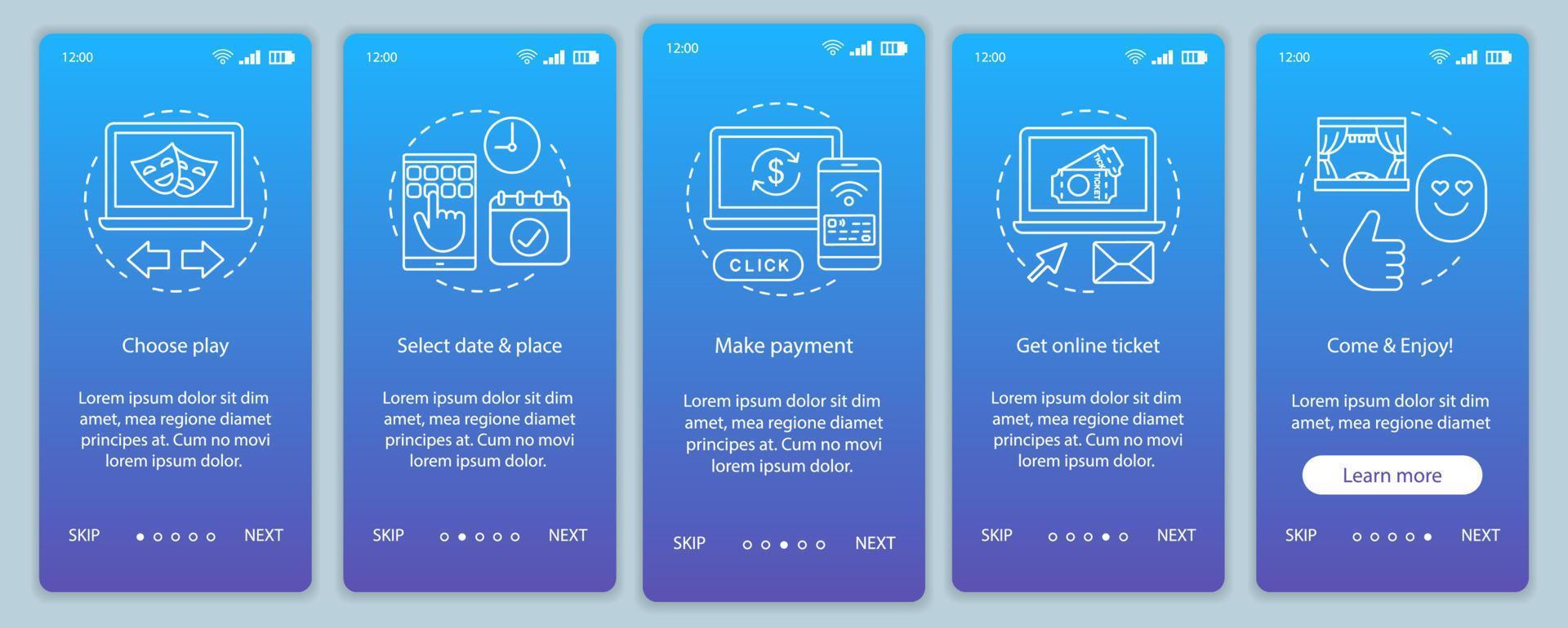 Theatre onboarding mobile app page screen vector template. Spectacle online ticket payment. Play event. Walkthrough website steps with linear illustrations. UX, UI, GUI smartphone interface concept