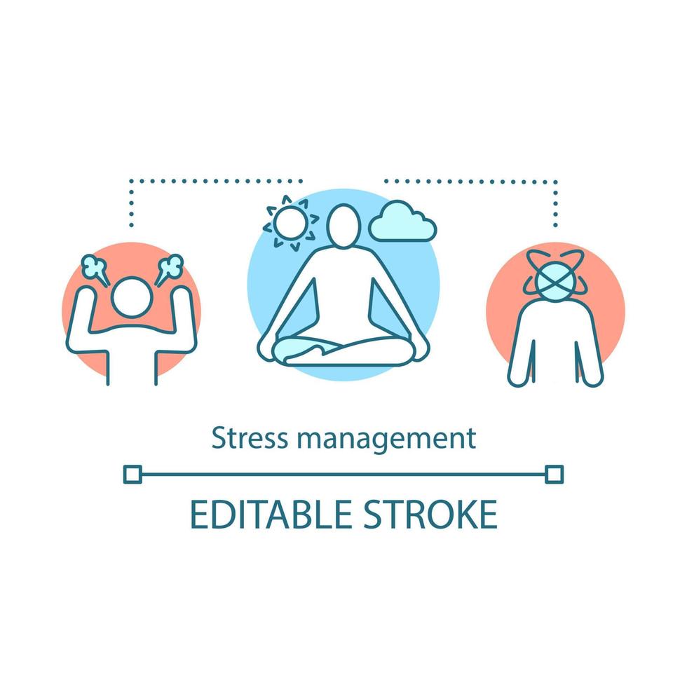 Stress management concept icon. Mental health idea thin line illustration. Stress overcoming. Frustration, burnout, nervous tension. Calm and relax. Vector isolated outline drawing. Editable stroke
