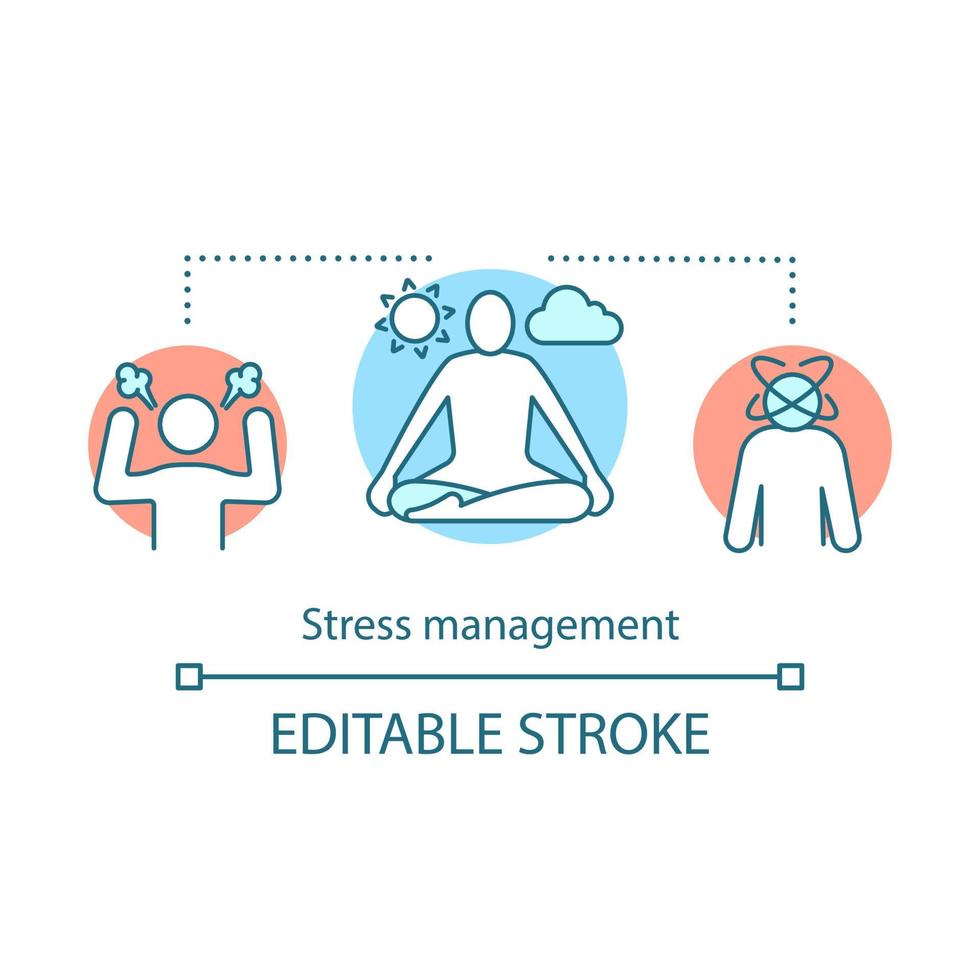 Stress management concept icon. Mental health idea thin line illustration. Stress overcoming. Frustration, burnout, nervous tension. Calm and relax. Vector isolated outline drawing. Editable stroke