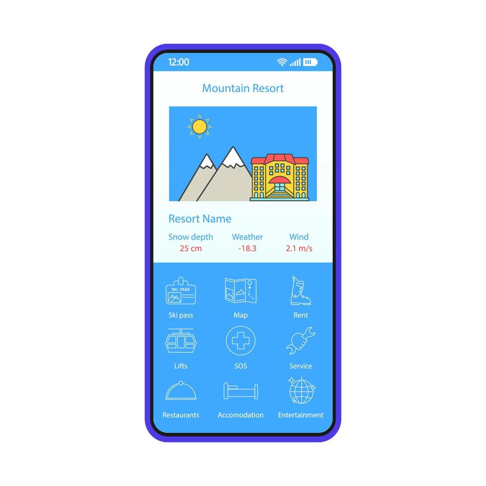 Mountain resort booking application smartphone interface vector template. Mobile app blue design layout. Ski hotel search, order flat UI. Winter accomodation reservation page screen. Phone display