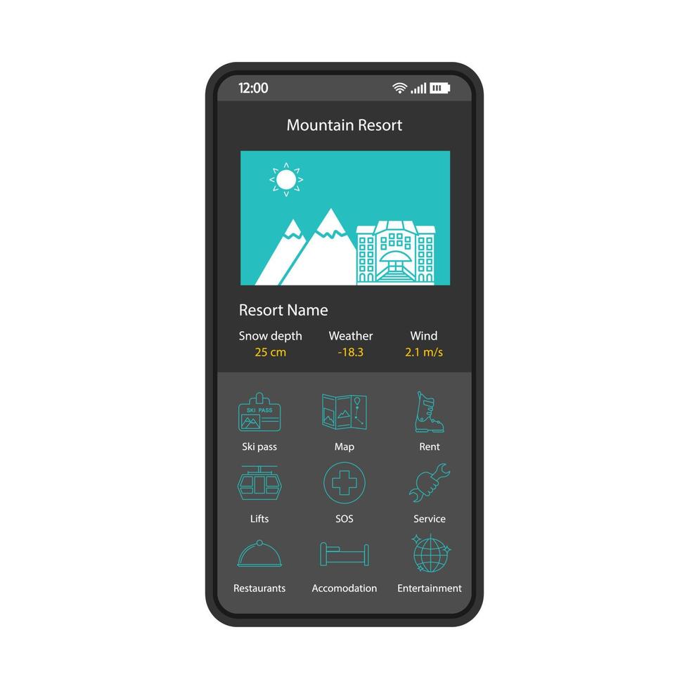 Mountain resort booking application smartphone interface vector template. Mobile skiing app black design layout. Winter accomodation reservation screen. Ski hotel search flat UI. Digital phone display