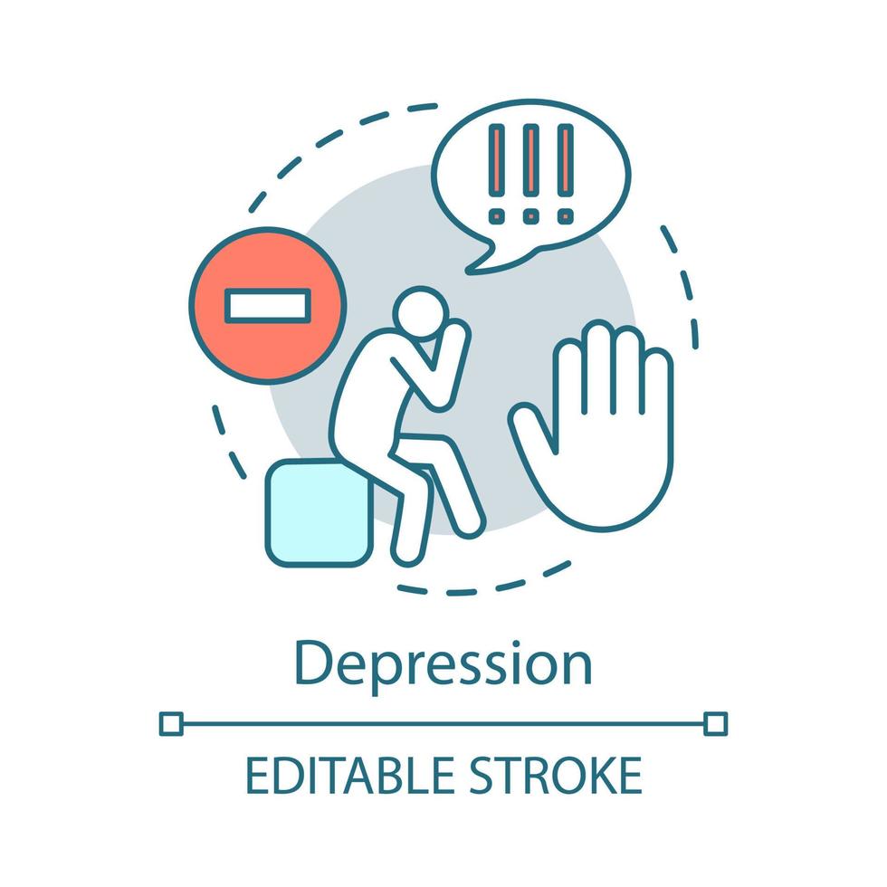 Depression concept icon. Sadness idea thin line illustration. Misery, melancholy. Unhappy person. Vector isolated outline drawing. Editable stroke