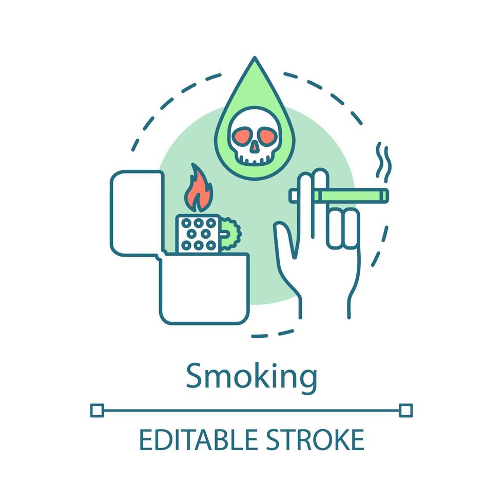 Smoking concept icon. Bad habit idea thin line illustration. Hand holding cigarette, lighter, death sign. Unhealthy lifestyle. Tobacco smoking risk. Vector isolated outline drawing. Editable stroke