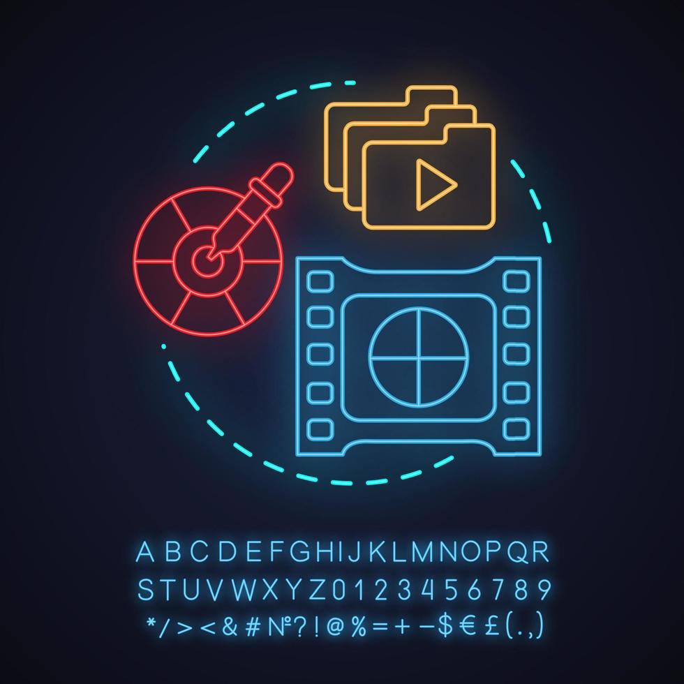 icono de concepto de luz de neón de postproducción. video, idea de edición de fotos. signo brillante con alfabeto, números y símbolos. vector ilustración aislada