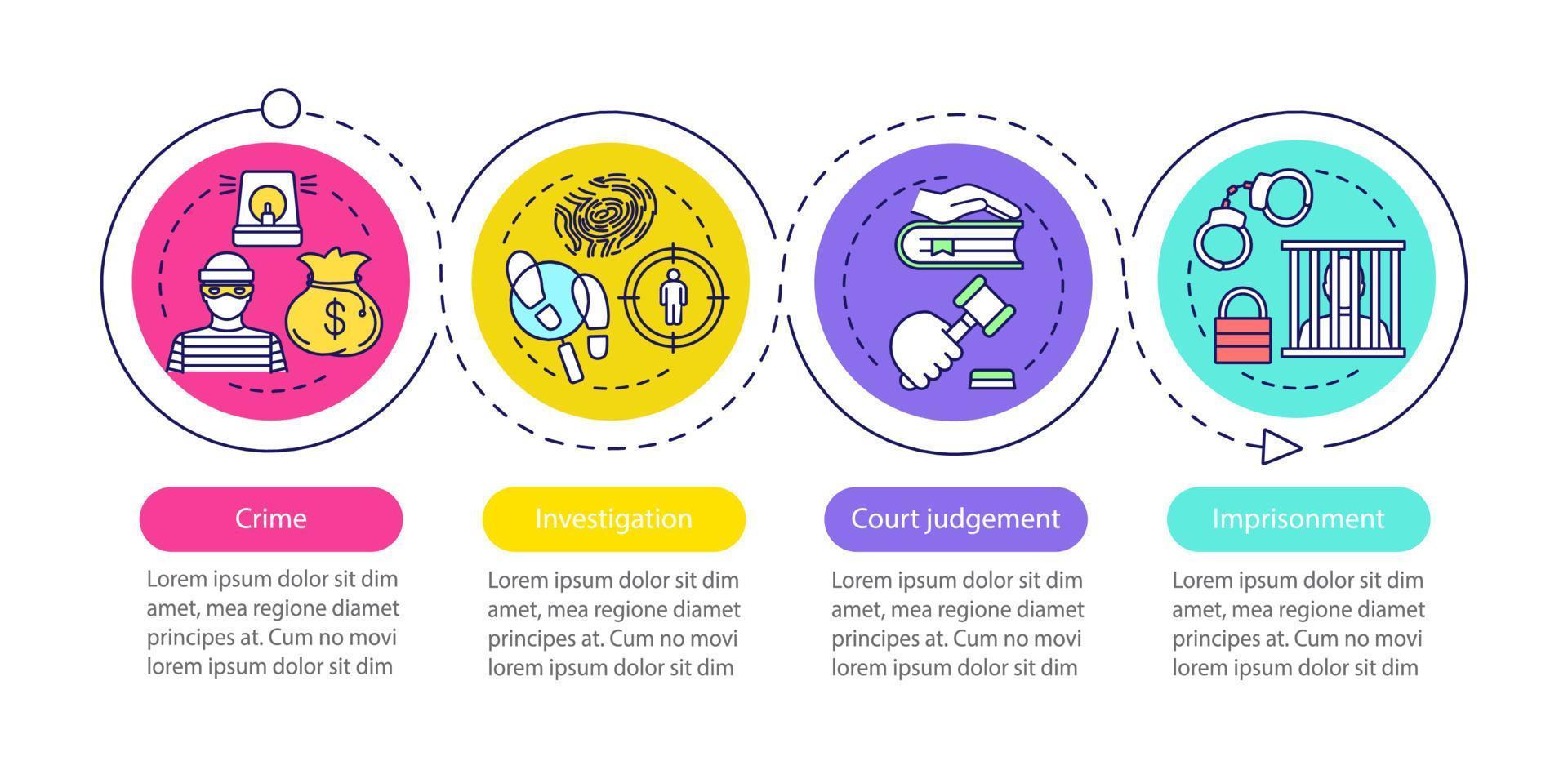 Law enforcement vector infographic template. Crime, investigation, imprisonment, court judgement. Data visualization with four steps and options. Process timeline chart. Workflow layout with icons