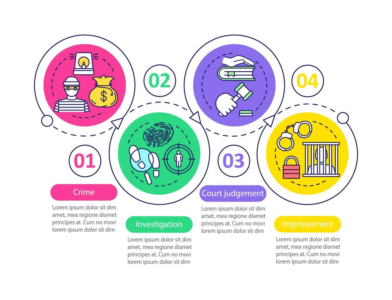 Law enforcement vector infographic template. Crime, investigation, imprisonment, court judgement. Data visualization with four steps and options. Process timeline chart. Workflow layout with icons