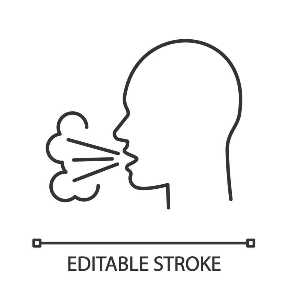 Coughing linear icon. Thin line illustration. Viral infection, influenza, flu, cold symptom. Bad breath. Sneezing. Tuberculosis, mumps. Contour symbol. Vector isolated outline drawing. Editable stroke