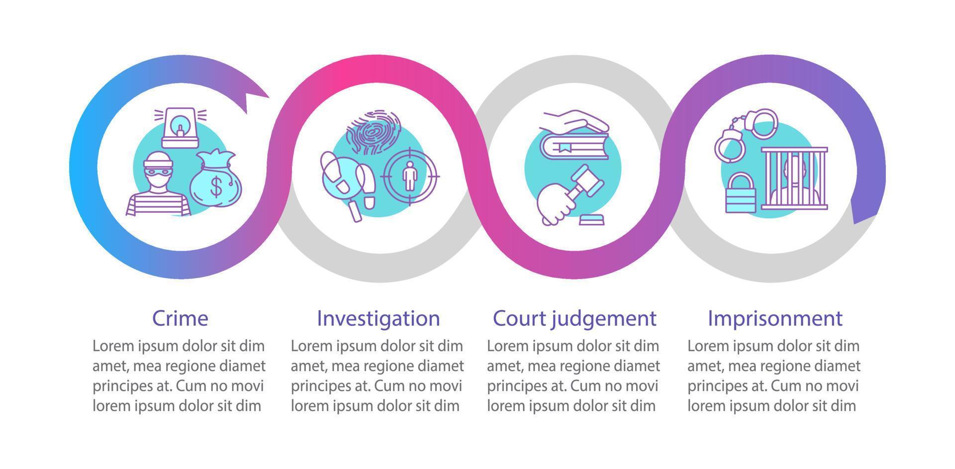 Law enforcement vector infographic template. Crime, investigation, imprisonment, court judgement. Data visualization with four steps and options. Process timeline chart. Workflow layout with icons