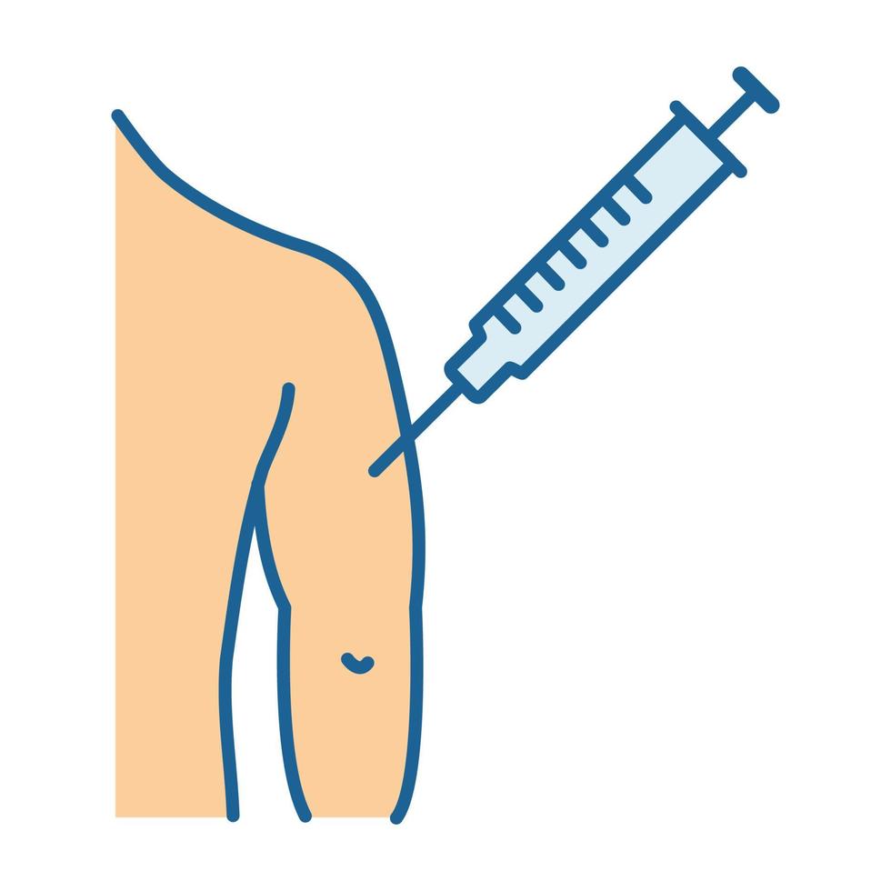 inyección en el icono de color del brazo del hombre. bcg, hepatitis, inmunización y vacuna contra la difteria. la prevención de enfermedades. ilustración vectorial aislada vector