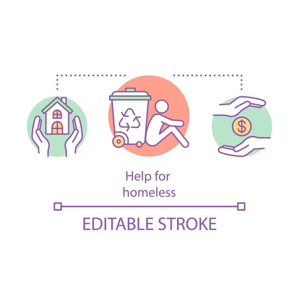 Help for homeless concept icon. Emergency shelters. Begging problem. Volunteering and charity. Idea thin line illustration. Vector isolated outline drawing